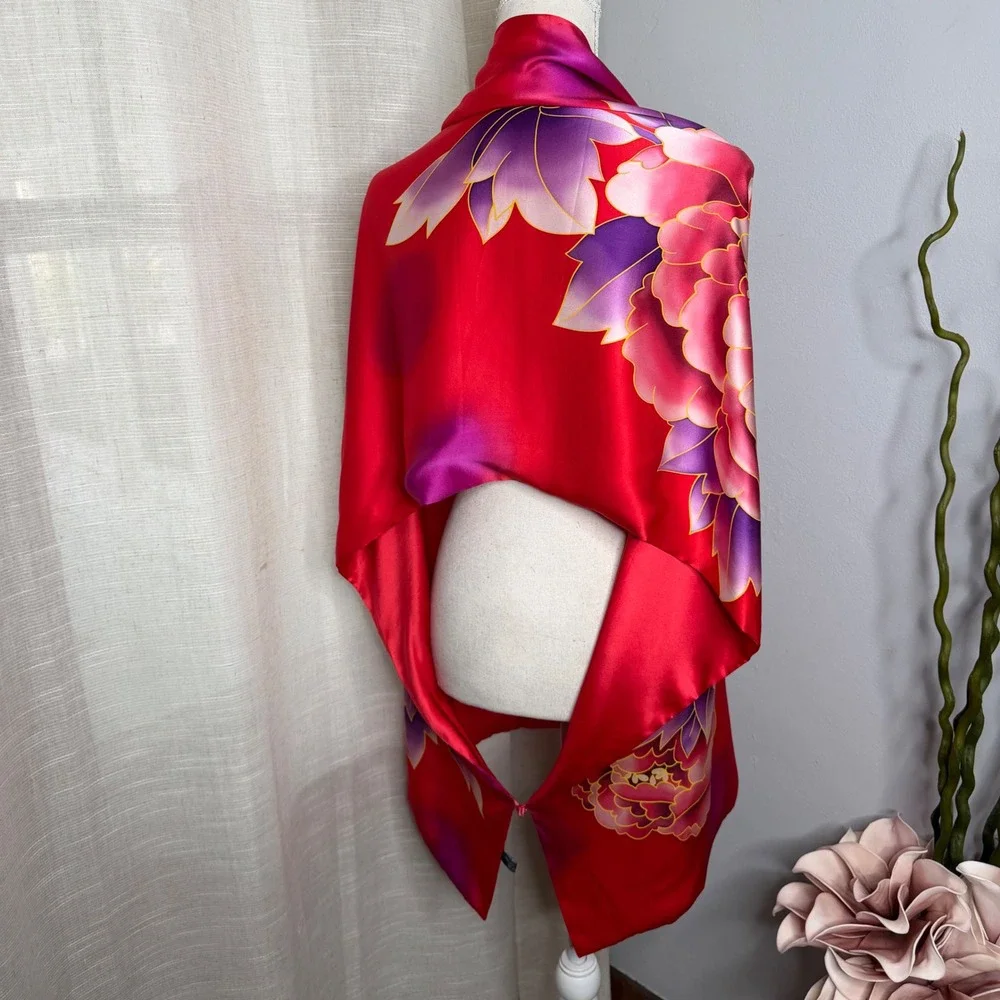 100% Silk Peony Wrap Shawl Floral Frog Knot Red Pink Purple Asian Art Drape